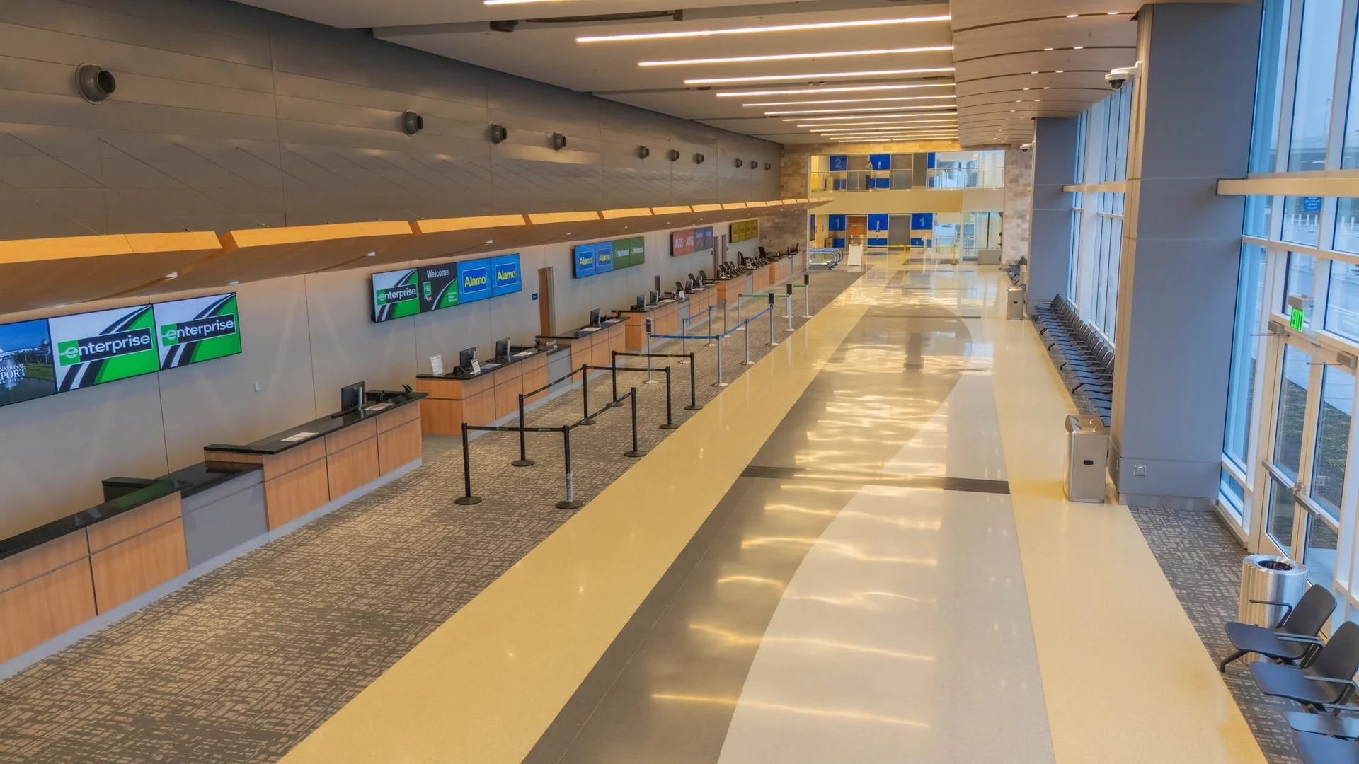 Large commercial service counters in an airport terminal